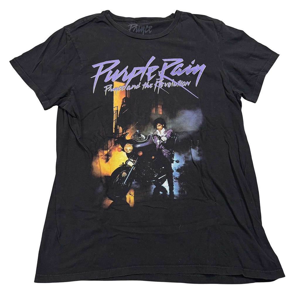 Prince Purple Rain And The Revolution Black Graphic T Shirt Sz. Large Small Hole